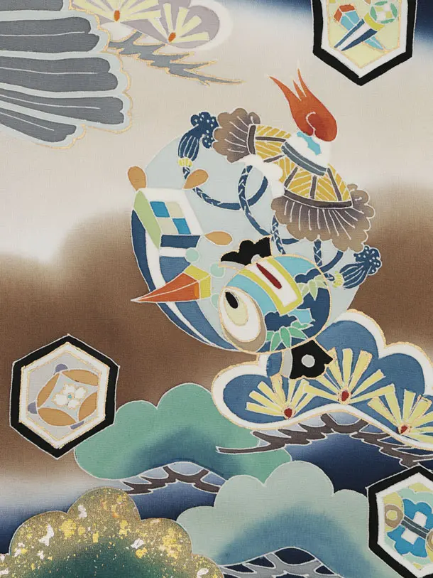 男児産着 お宮参りレンタル2992【正絹】 紺地 鷹に吉祥文様