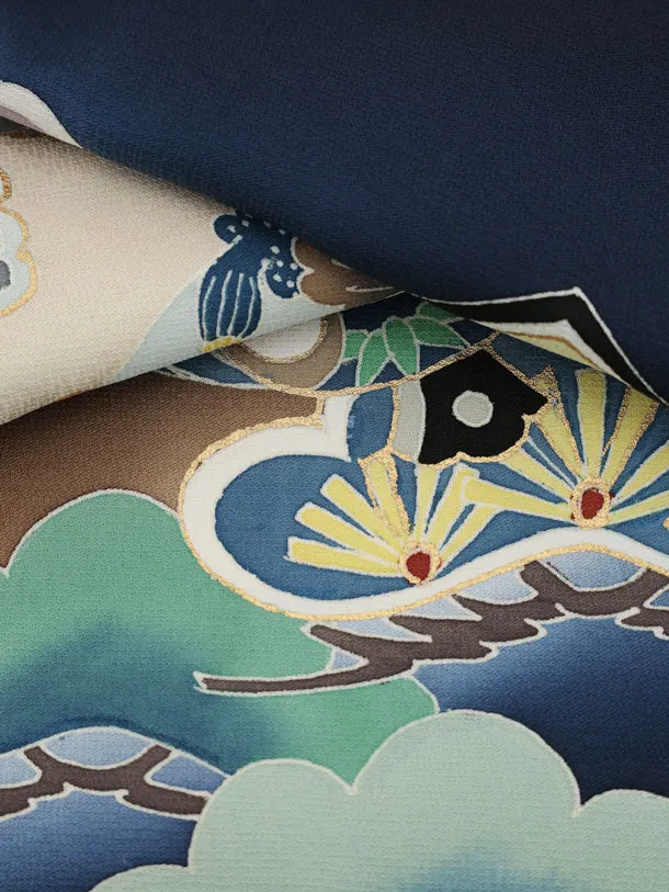 男児産着 お宮参りレンタル2992【正絹】 紺地 鷹に吉祥文様