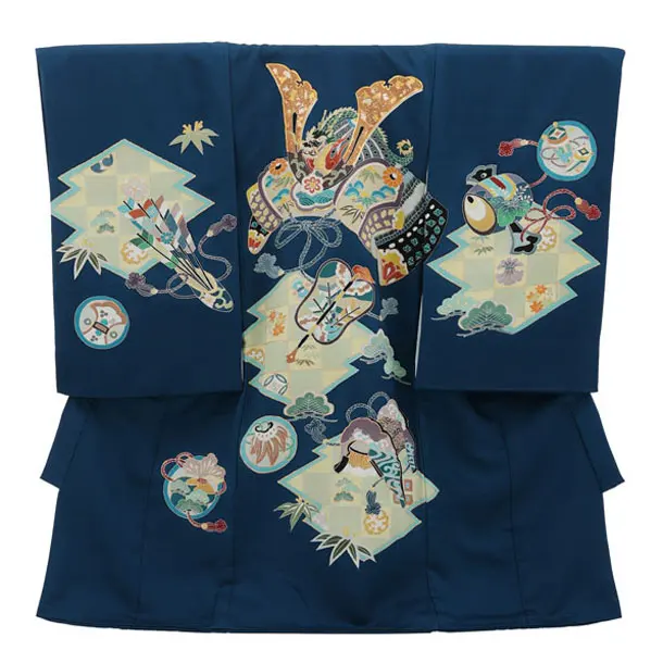 男児産着 お宮参りレンタル2993【正絹】 青地 兜に宝づくし