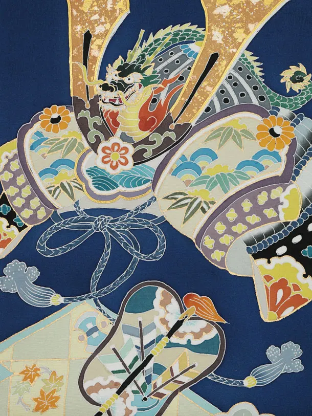 男児産着 お宮参りレンタル2993【正絹】 青地 兜に宝づくし