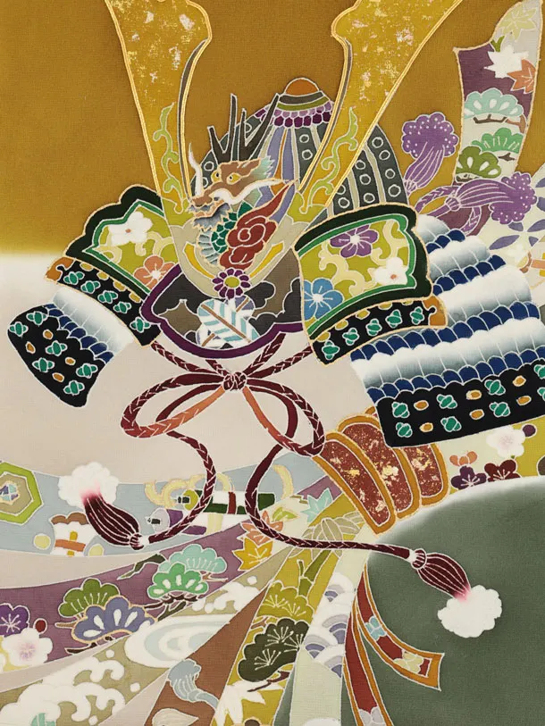 男児産着 お宮参りレンタル2994【正絹】 金茶 兜に束ね熨斗