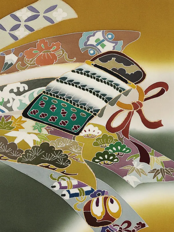 男児産着 お宮参りレンタル2994【正絹】 金茶 兜に束ね熨斗