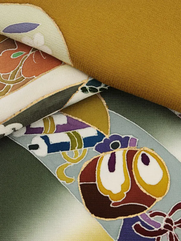 男児産着 お宮参りレンタル2994【正絹】 金茶 兜に束ね熨斗