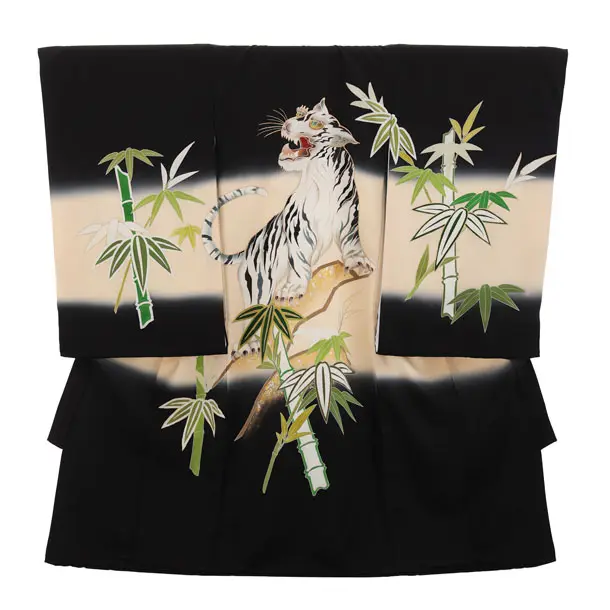 男児産着 お宮参りレンタル2995【正絹】 黒ぼかし 虎に竹