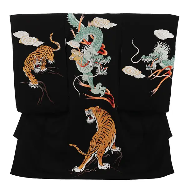 男児産着 お宮参りレンタル2996 黒地ちりめん刺繍 龍虎