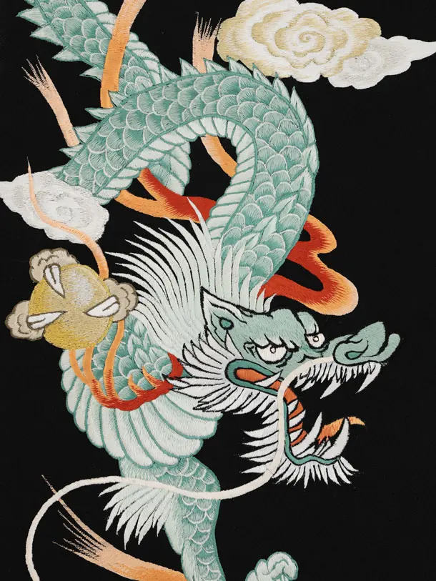 男児産着 お宮参りレンタル2996 黒地ちりめん刺繍 龍虎