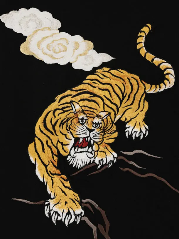 男児産着 お宮参りレンタル2996 黒地ちりめん刺繍 龍虎