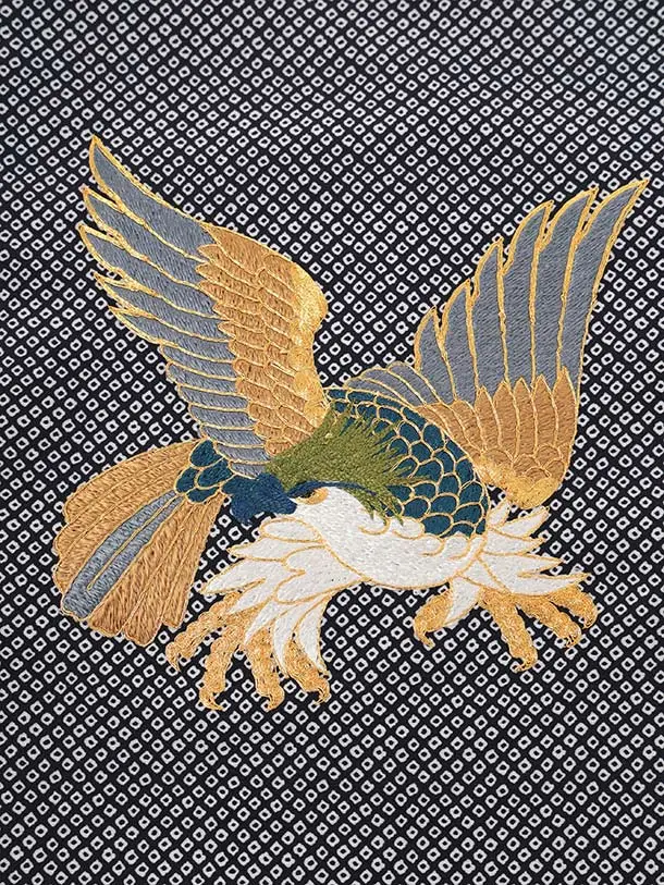 男児産着 お宮参りレンタル O264 黒地 疋田柄刺繍 鷹 兜