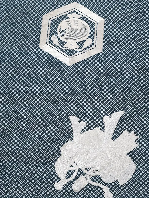 夏用 男児産着 O267 単衣  青地疋田柄刺繍 鷹 兜