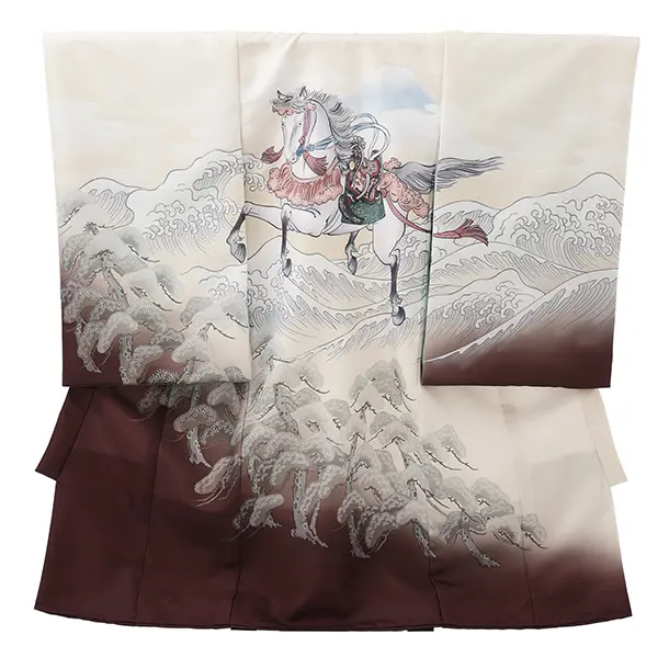 男児産着 お宮参りレンタルR026 ベージュ地 波に馬 松