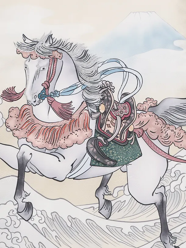 男児産着 お宮参りレンタルR026 ベージュ地 波に馬 松