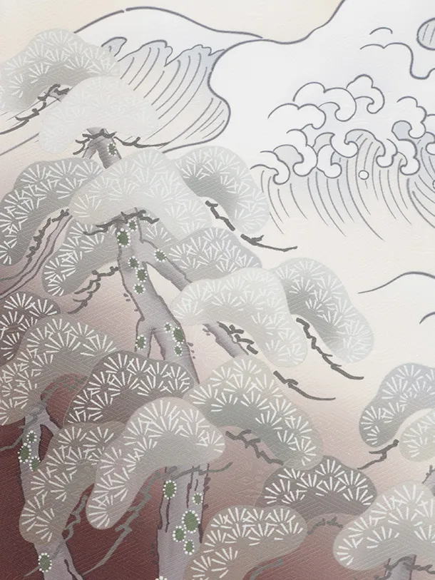 男児産着 お宮参りレンタルR026 ベージュ地 波に馬 松