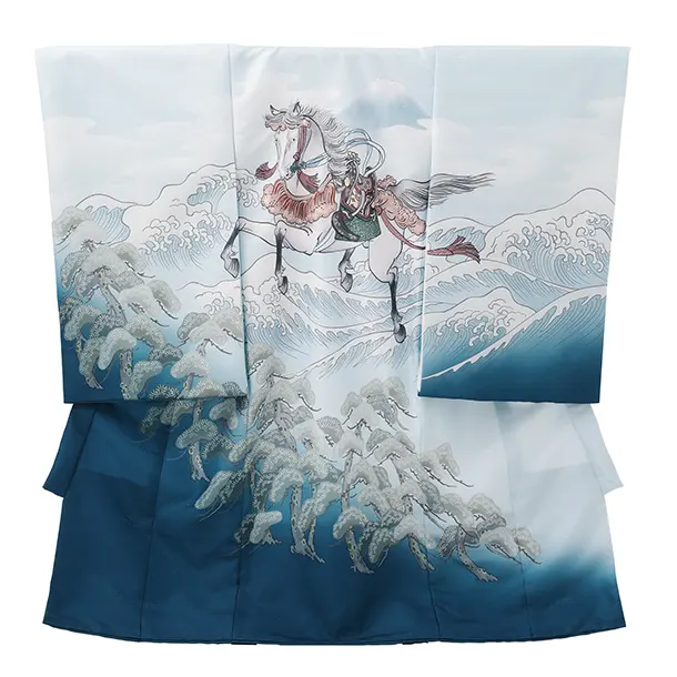 男児産着 お宮参りレンタルR027 水色地 波に馬 松