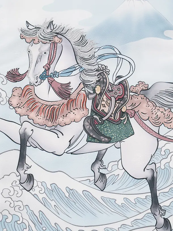 男児産着 お宮参りレンタルR027 水色地 波に馬 松