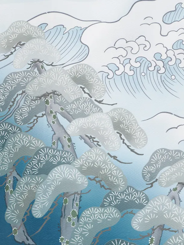 男児産着 お宮参りレンタルR027 水色地 波に馬 松