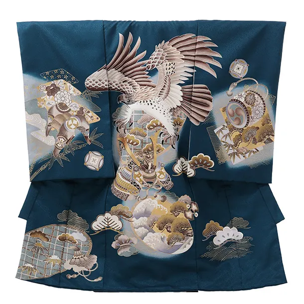 男児産着 お宮参りレンタルR030 青地 鷹 兜