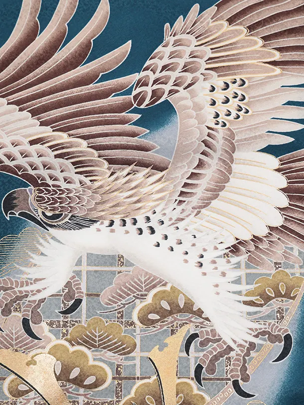 男児産着 お宮参りレンタルR030 青地 鷹 兜