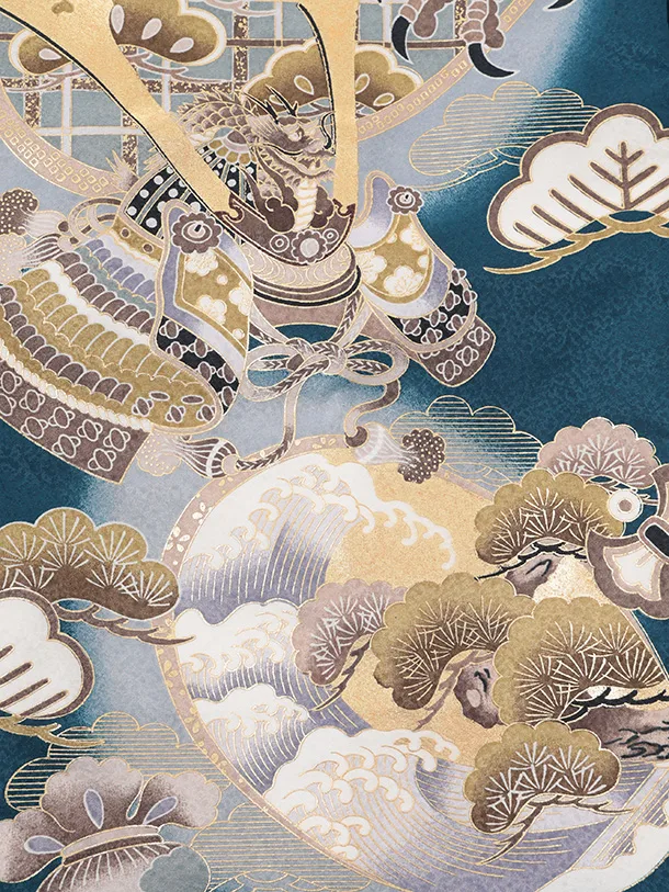 男児産着 お宮参りレンタルR030 青地 鷹 兜