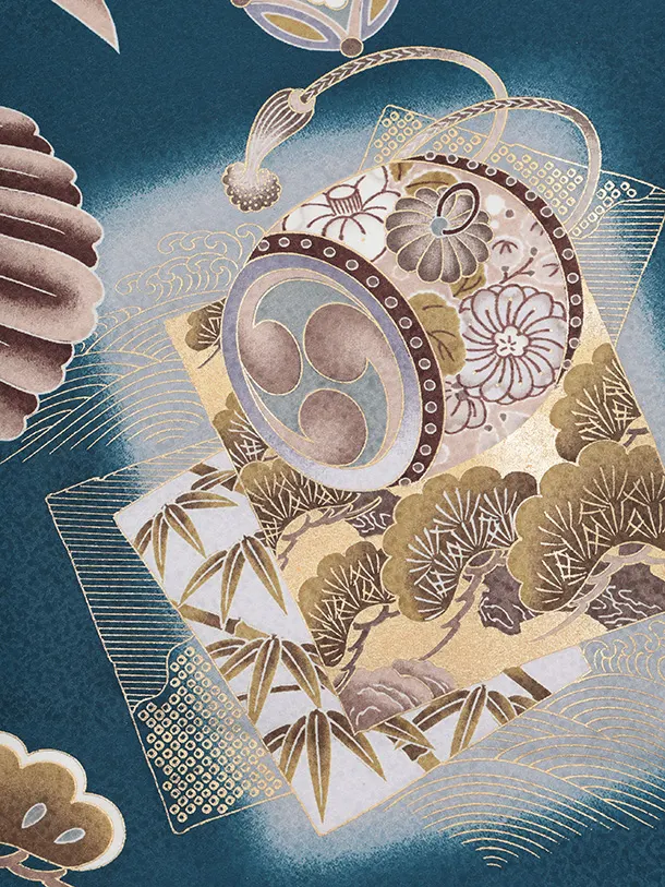 男児産着 お宮参りレンタルR030 青地 鷹 兜