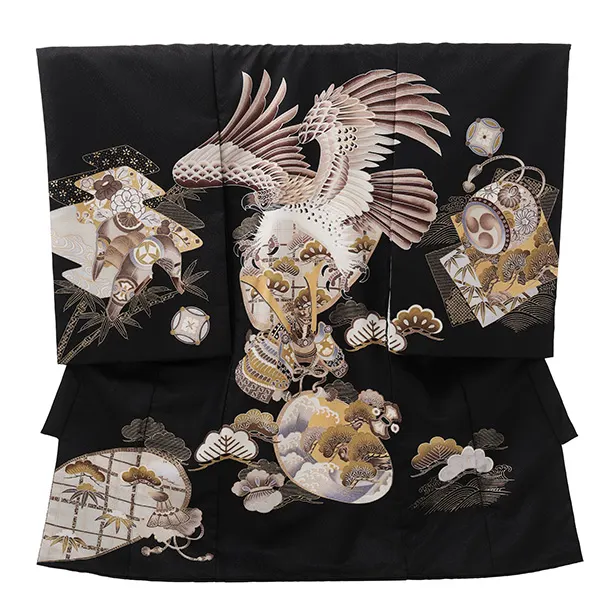 男児産着 お宮参りレンタルR031 黒地 鷹 兜