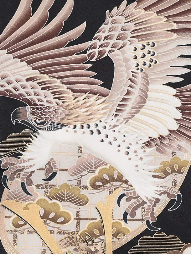 男児産着 お宮参りレンタルR031 黒地 鷹 兜