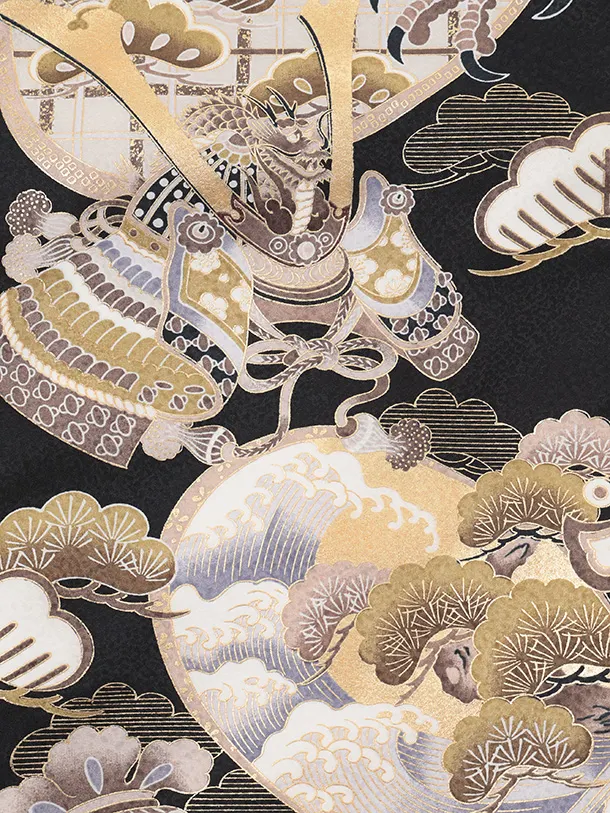 男児産着 お宮参りレンタルR031 黒地 鷹 兜