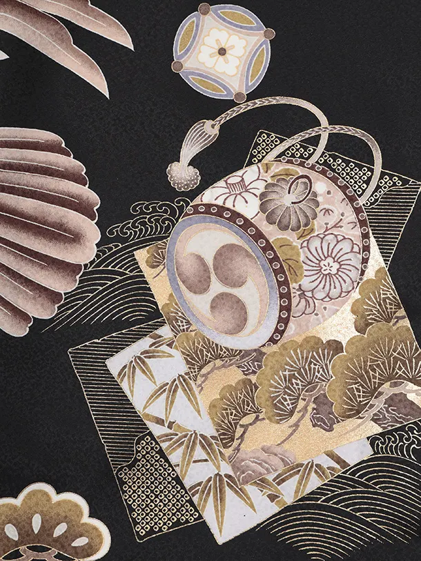 男児産着 お宮参りレンタルR031 黒地 鷹 兜