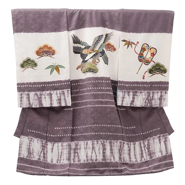 男児産着 お宮参りR033 【高級正絹】パープルグレー 鷹 松竹 竜巻絞り