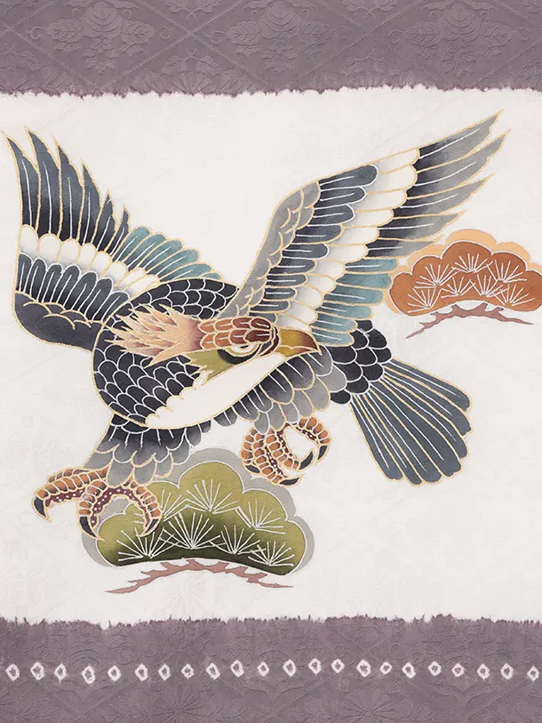 男児産着 お宮参りR033 【高級正絹】パープルグレー 鷹 松竹 竜巻絞り