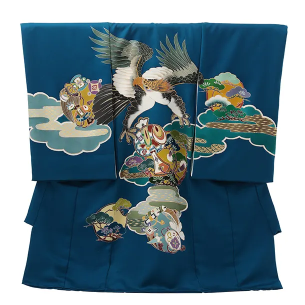 男児産着 お宮参りレンタルR034【高級正絹】青地雲取り 鷹 松