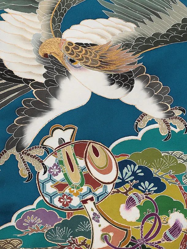 男児産着 お宮参りレンタルR034【高級正絹】青地雲取り 鷹 松