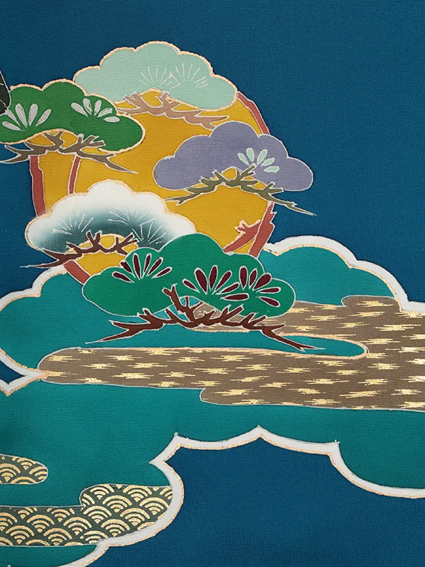 男児産着 お宮参りレンタルR034【高級正絹】青地雲取り 鷹 松