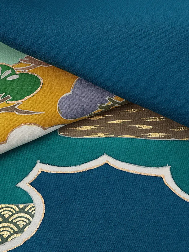 男児産着 お宮参りレンタルR034【高級正絹】青地雲取り 鷹 松