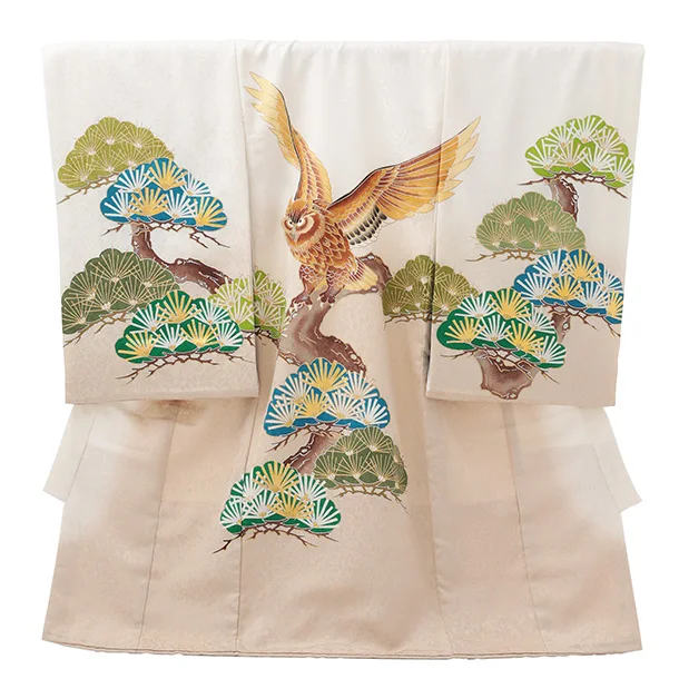 男児産着 お宮参りレンタルR035 【高級正絹】白ベージュ 松にミミズク