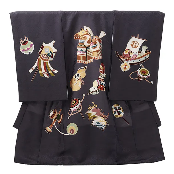 男児産着 お宮参りレンタルR036 【正絹】グレー地 午 縁起尽くし