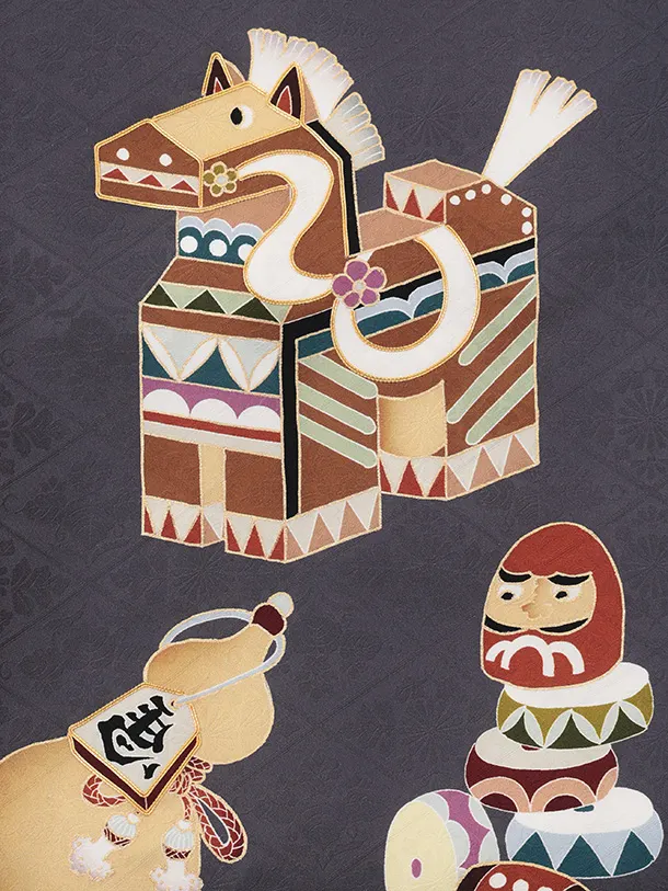 男児産着 お宮参りレンタルR036 【正絹】グレー地 午 縁起尽くし