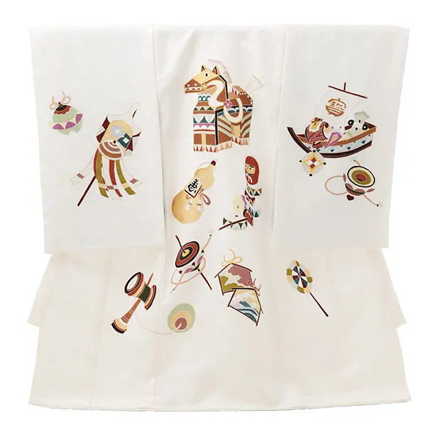 男児産着 お宮参りレンタルR037 【正絹】白地 午 縁起尽くし