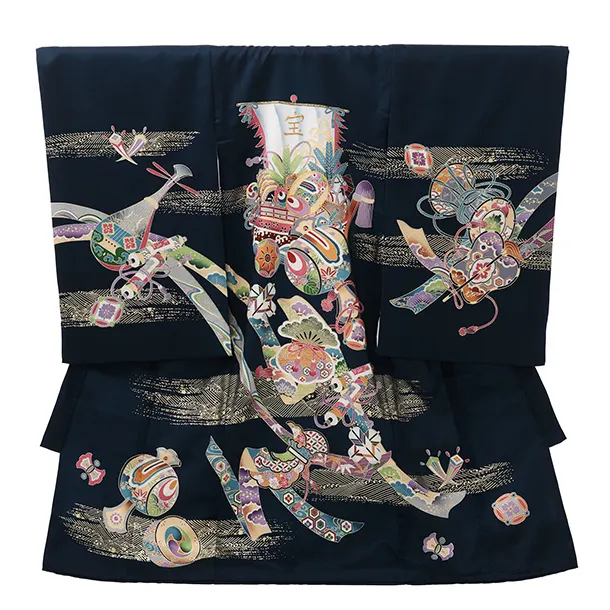 男児産着 お宮参りレンタルR039 【正絹】紺地 宝船と小槌