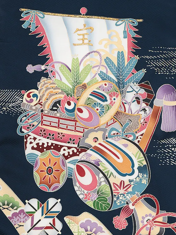 男児産着 お宮参りレンタルR039 【正絹】紺地 宝船と小槌