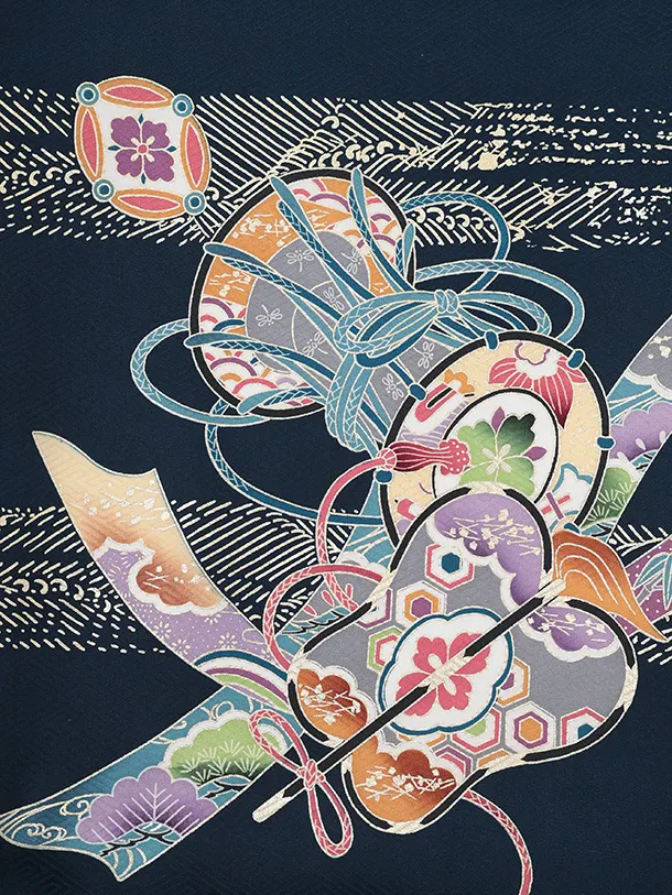 男児産着 お宮参りレンタルR039 【正絹】紺地 宝船と小槌