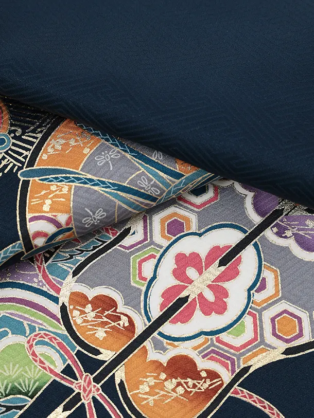 男児産着 お宮参りレンタルR039 【正絹】紺地 宝船と小槌