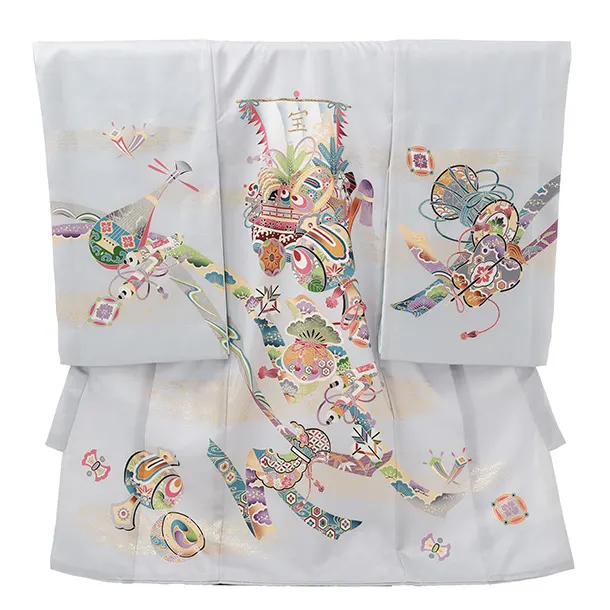 男児産着 お宮参りレンタルR040 【正絹】薄グレー地 宝船と小槌