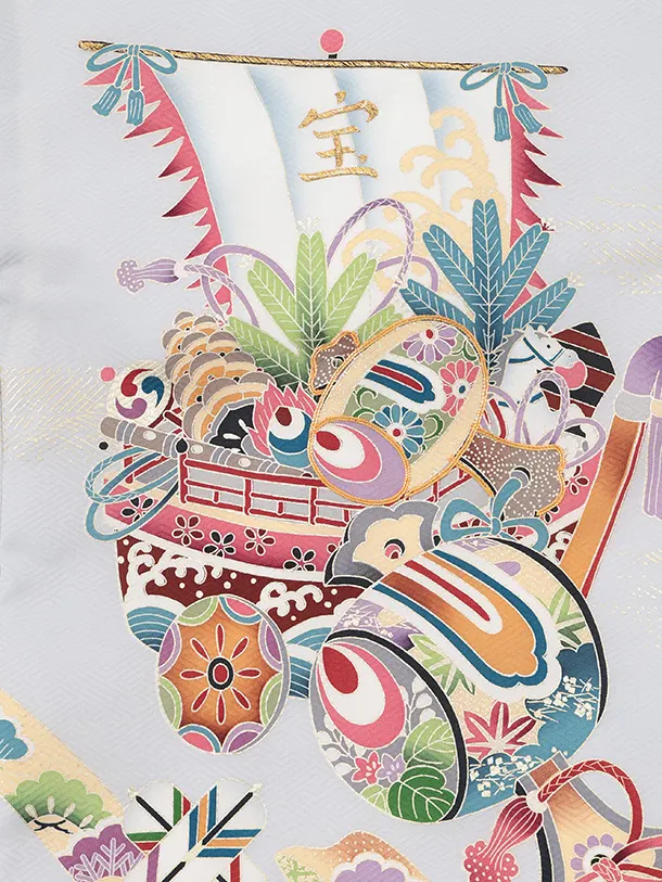 男児産着 お宮参りレンタルR040 【正絹】薄グレー地 宝船と小槌