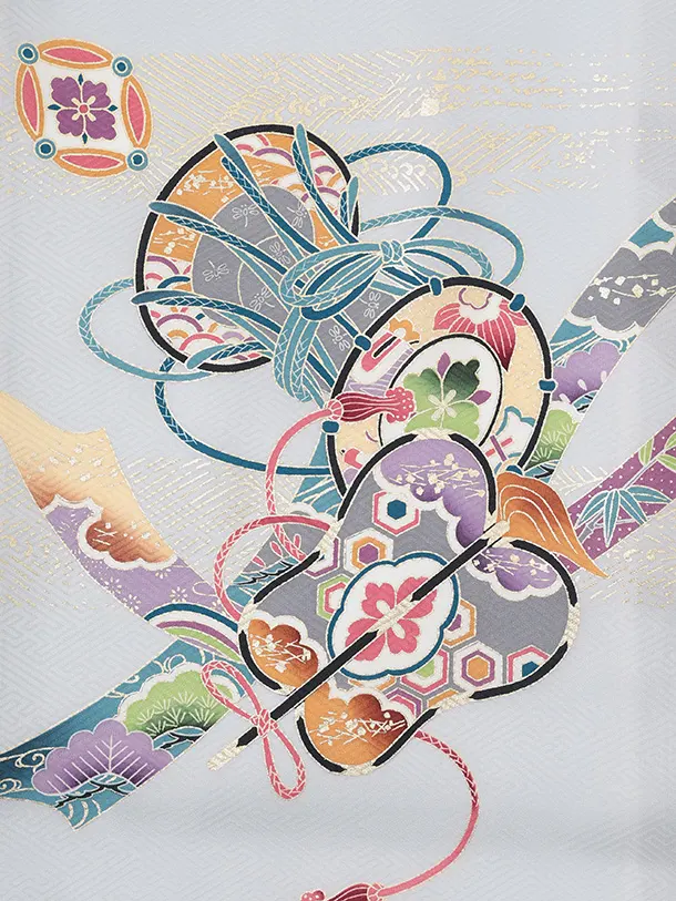 男児産着 お宮参りレンタルR040 【正絹】薄グレー地 宝船と小槌