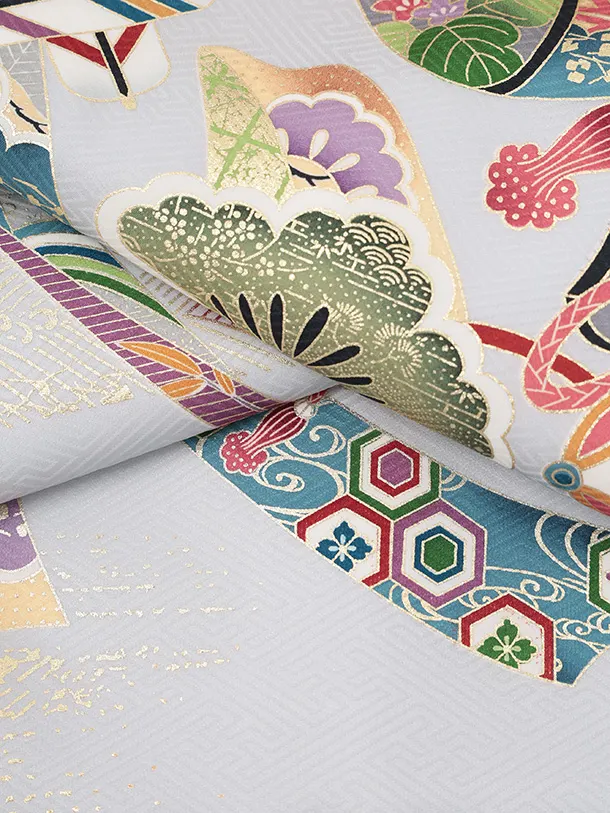 男児産着 お宮参りレンタルR040 【正絹】薄グレー地 宝船と小槌