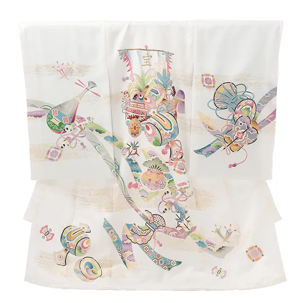 男児産着 お宮参りレンタルR041 【正絹】白地 宝船と小槌