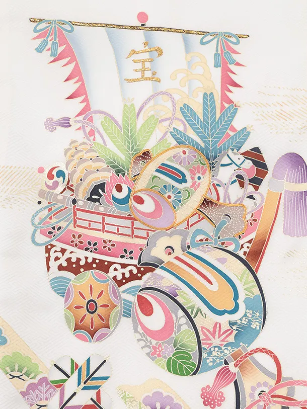 男児産着 お宮参りレンタルR041 【正絹】白地 宝船と小槌