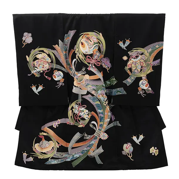 男児産着 お宮参りレンタルR042 【正絹】黒地 束ねのし小槌