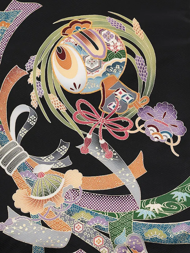 男児産着 お宮参りレンタルR042 【正絹】黒地 束ねのし小槌