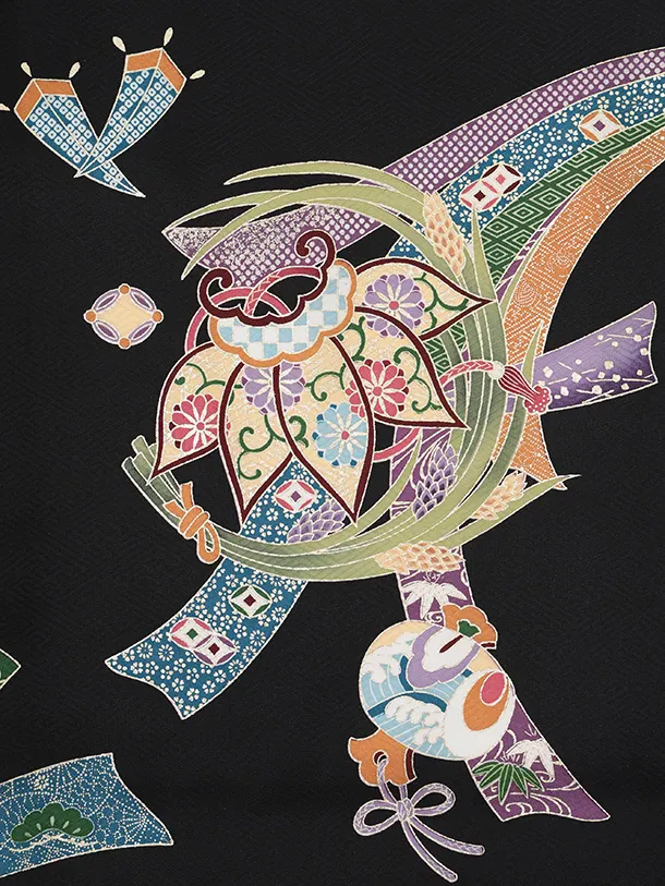 男児産着 お宮参りレンタルR042 【正絹】黒地 束ねのし小槌